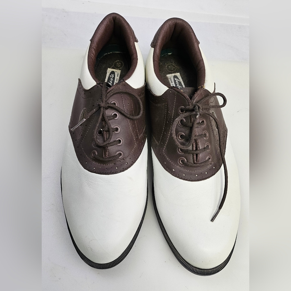 Mens Andante Spikeless Leather Golf Shoes White Brown Low Top Lace Up Size 10‎